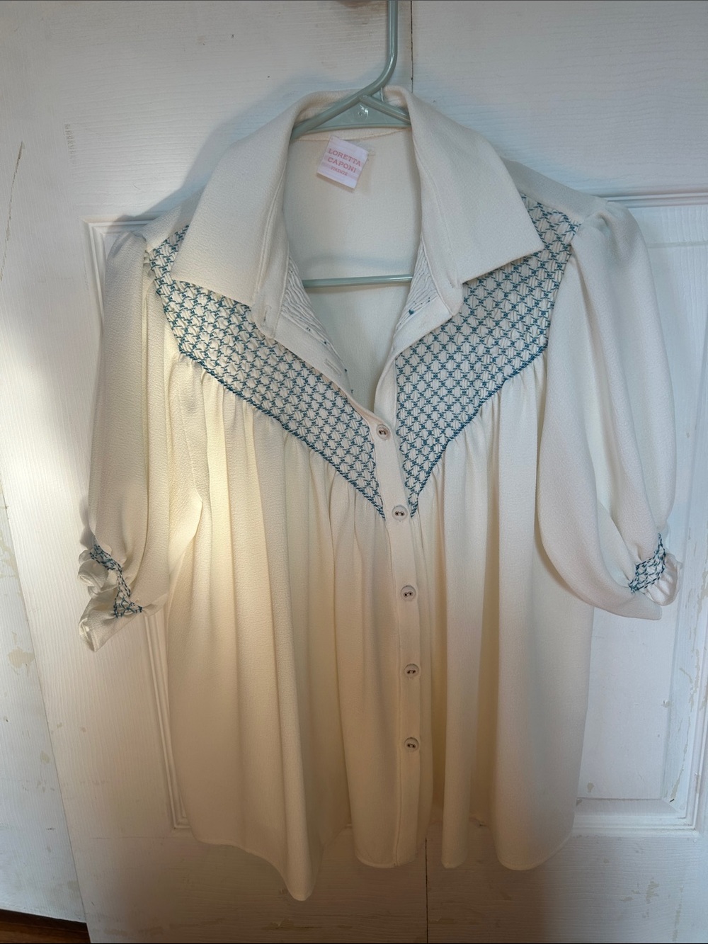 Cream Button-Front Blouse with Blue Embroidered Yoke